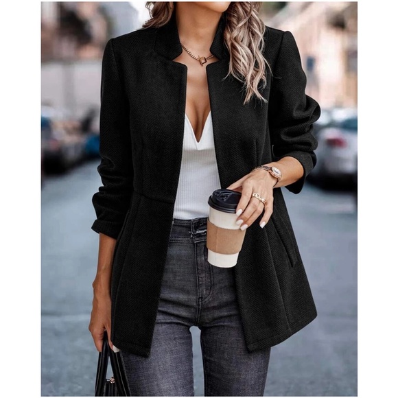 Jackets & Blazers - Classic Black Herringbone Blazer Jacket Coat